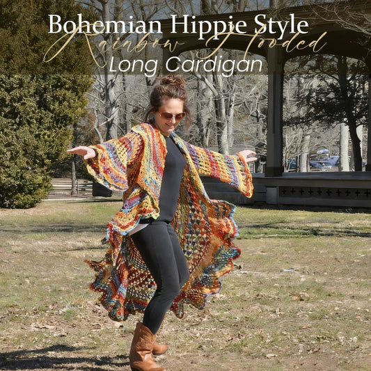 Langer, gehäkelter Cardigan im Bohemian-Hippie-Stil mit Regenbogen-Kapuze