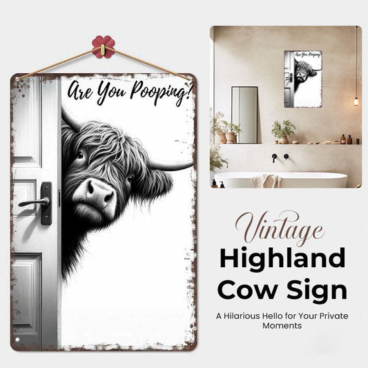 🐄 The cheeky visitor: Vintage sign with a Scottish Highland cow